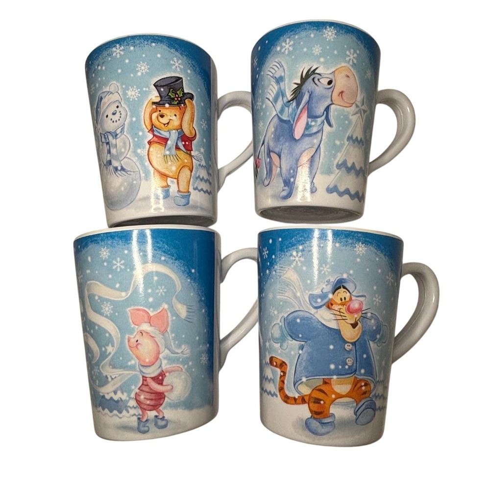RARE Vintage Disney Store Winnie Pooh Winter 4 Mug Set Tigger Piglet Eeyore
